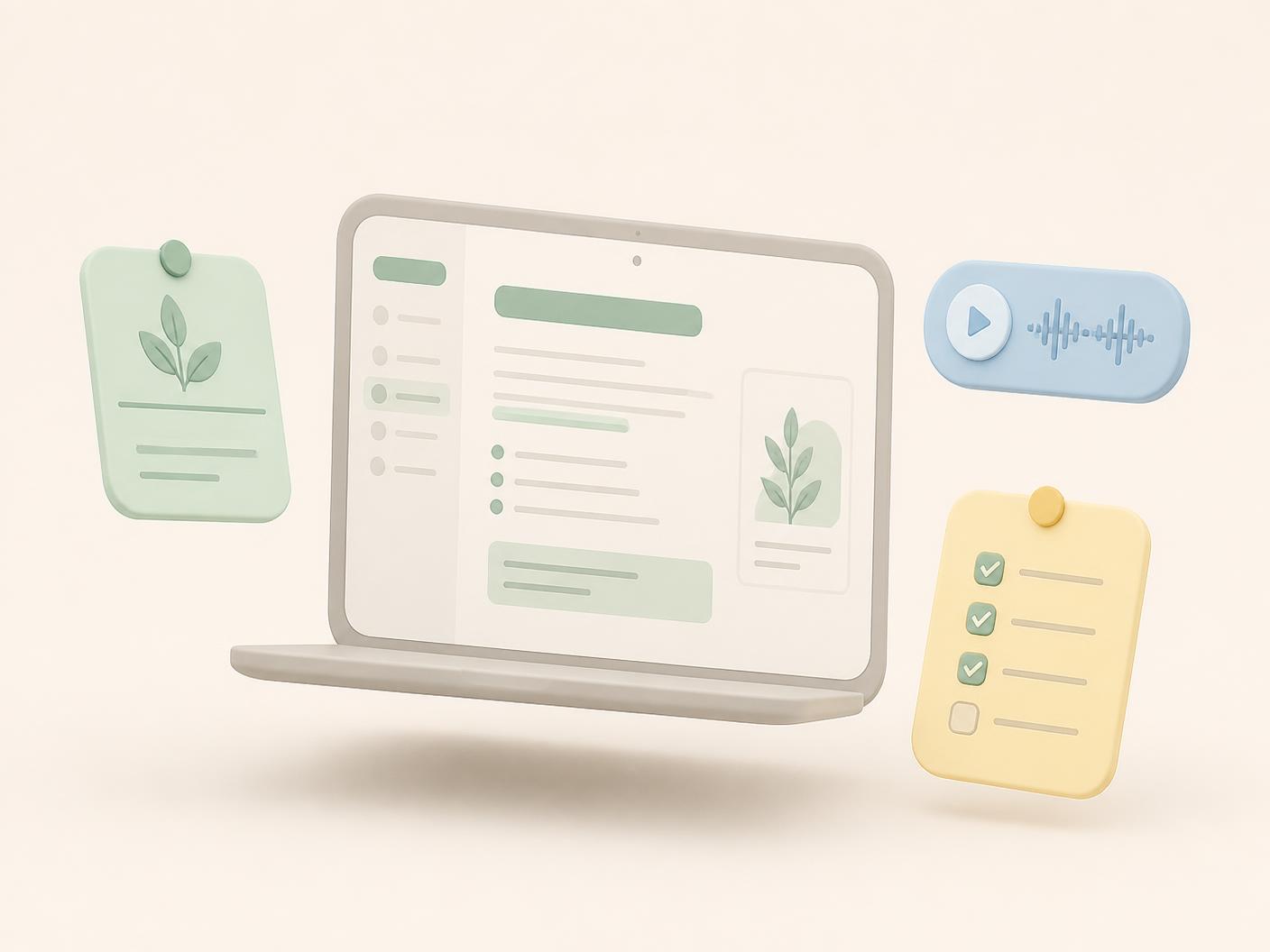 Learnora study notes, flashcards and an audio lesson floating above a laptop